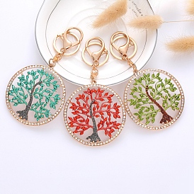 Rhinestone Flat Round with Tree of Life Pendant Keychain, with Alloy Findings