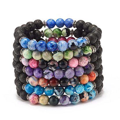 Dyed Natural Fire Crackle Agate Stretch Bracelets, Natural Lava Rock Round Bead