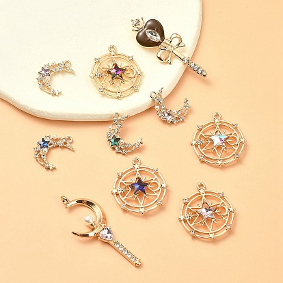 10Pcs 10 Styles Zinc Alloy with Glass Rhinestone Pendants, with Resin Pearl Beads, Moon & Star & Heart & Magic Wand