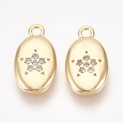 Brass Charms, Nickel Free, Real 18K Gold Plated, with Cubic Zirconia, Oval with Flower, Clear