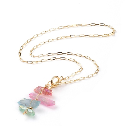 Fábrica China Conjuntos de joyas de perlas de cristal de cuarzo natural galvanizado, y pendientes de aro, con cadenas de clip latón 20.07 pulgada (51 cm), 60~66 mm a