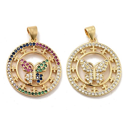 Rack Plating Brass Micro Pave Cubic Zirconia Pendants, Long-Lasting Plated, Lead Free & Cadmium Free, Real 18K Gold Plated, Flat Round with Butterfly