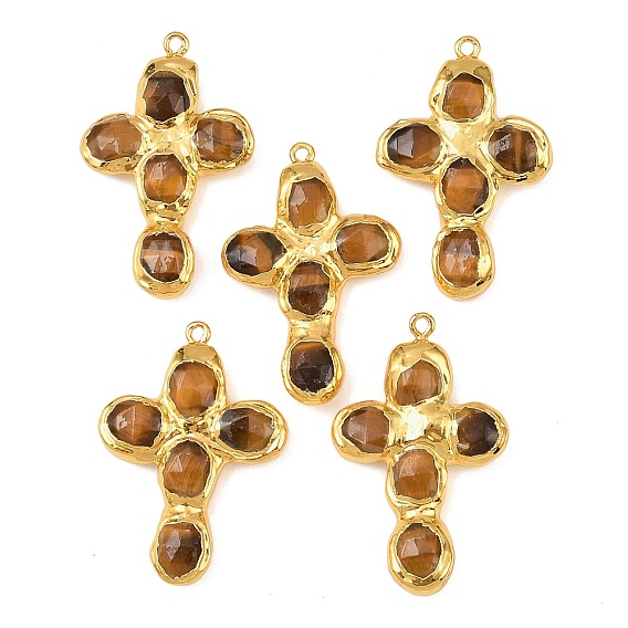 Граненые подвески из натурального тигрового глаза, с латунной фурнитурой , крест прелести