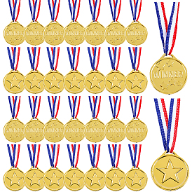 30шт. пластиковые медали, с ремешком в полоску, плоские круглые со звездой