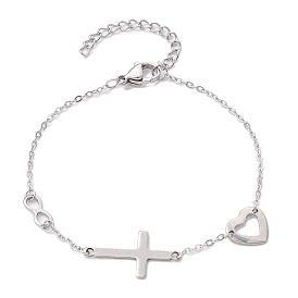 Croix & coeur & infini 304 bracelets à maillons en acier inoxydable avec chaînes câblées