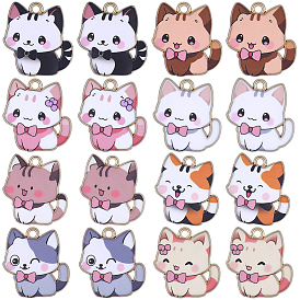 32Pcs 8 Styles Zinc Alloy Enamel Pendants, Cat Shape, Golden