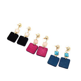 Colorful Wooden Square Earrings with Exquisite Stone Inlay - European and American Style Jewelry