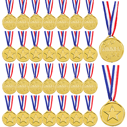 30шт. пластиковые медали, с ремешком в полоску, плоские круглые со звездой
