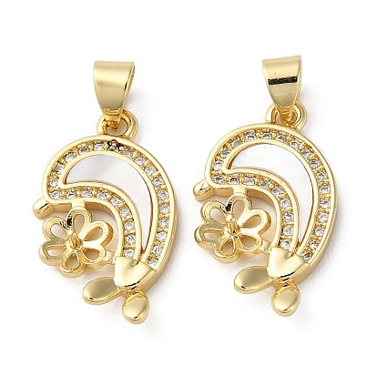 Brass Micro Pave Cubic Zirconia Pendants, Cadmium Free & Lead Free, with Shell, Flower