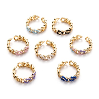 Brass Micro Pave Clear Cubic Zirconia Cuff Rings, Open Rings, with Enamel, Long-Lasting Plated, Curb Chain Shapes, Golden