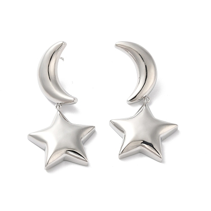 Long-Lasting Plated Brass Star and Moon Dangle Stud Earrings for Women, Cadmium Free & Lead Free