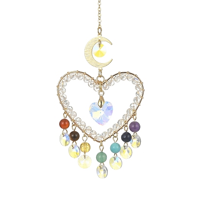 Chakra Gemstone & Brass Heart Pendant Decorations, with Glass Charm, for Home Decorations