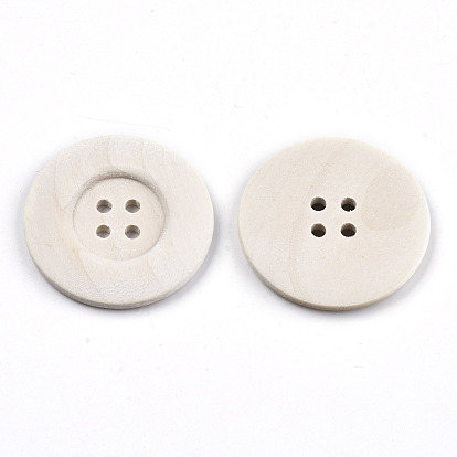 Large Natural Wood Buttons, 4-Hole, Wide Rim, Unfinished Wooden Button, Flat Round