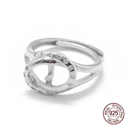 Adjustable 925 Sterling Silver Finger Design Ring Mounts Fittings with Pearl Seat, For Half Drilled Beads, with Cubic Zirconia