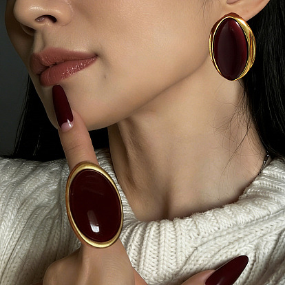 Серьги-гвоздики из сплава и смолы, овальные, золотые