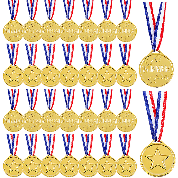 30шт. пластиковые медали, с ремешком в полоску, плоские круглые со звездой