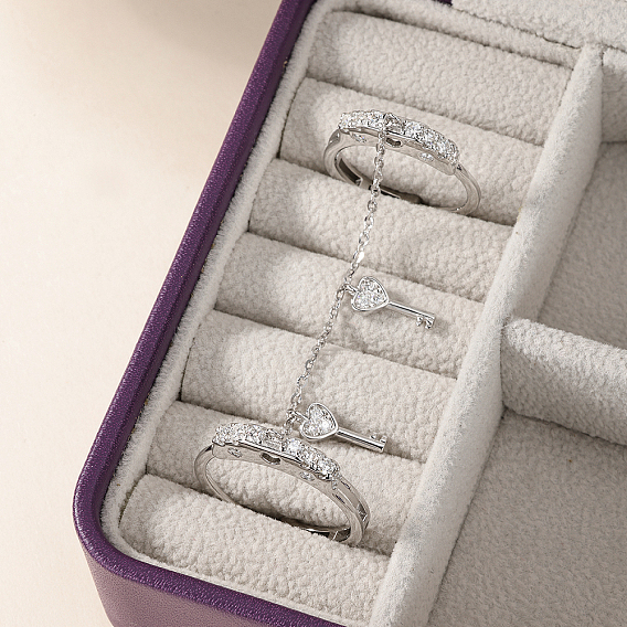 Brass Micro Pave Cubic Zirconia Double Finger Rings for Women, Key