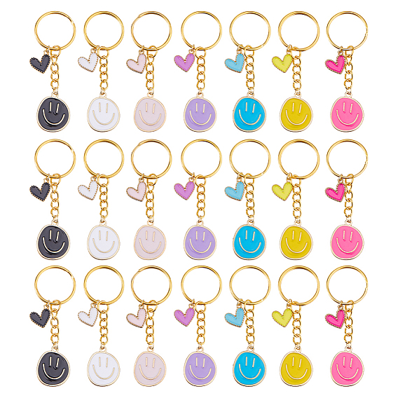 21 шт. 7 цвета сплава эмали улыбающееся лицо с кулоном в виде сердца брелки, с железными разрезными брелоками, золотые