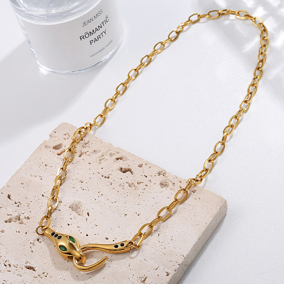 304 Подвеска-колье в виде змеи из нержавеющей стали с зелеными кубическими циркониями для женщин