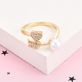 Латунные кольца-манжеты с микропаве и прозрачным цирконием для женщин, без кадмия и без свинца, Сердце и стрелка, с ABS имитации жемчуга