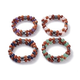 Natural Wood Beads Stretch Bracelets, with Natural Gemstone Beads, Non-magnetic Synthetic Hematite Beads