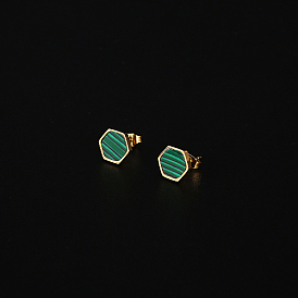 Natural Malachite Hexagon Stud Earrings, 304 Stainless Steel Earrings
