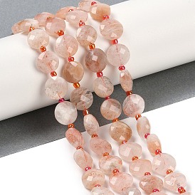 Natural Sunstone Beads Strands, Faceted, Flat Round, with Seed Beads