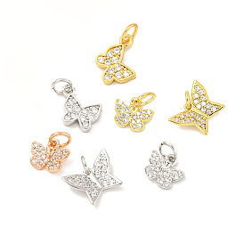 Rack Plating Brass Micro Pave Clear Cubic Zirconia Pendants, Long-Lasting Plated, with Jump Rings, Lead Free & Cadmium Free, Butterfly