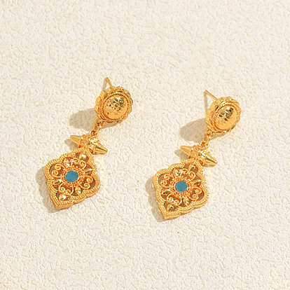 Ethnic Style Brass Pave Cubic Zirconia Stud Dangle Earrings for Women, Flower