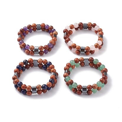Natural Wood Beads Stretch Bracelets, with Natural Gemstone Beads, Non-magnetic Synthetic Hematite Beads