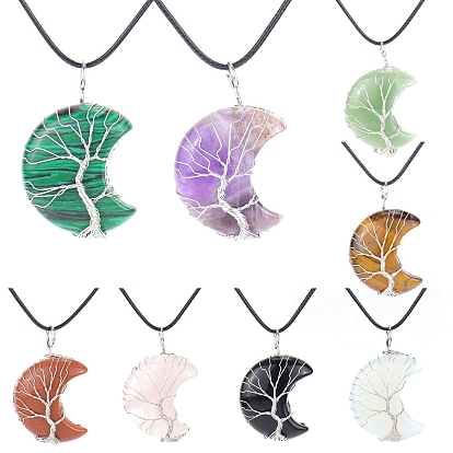 Natural & Synthetic Mixed Gemstone Crescent Moon Pendant Necklaces, with Copper Wire