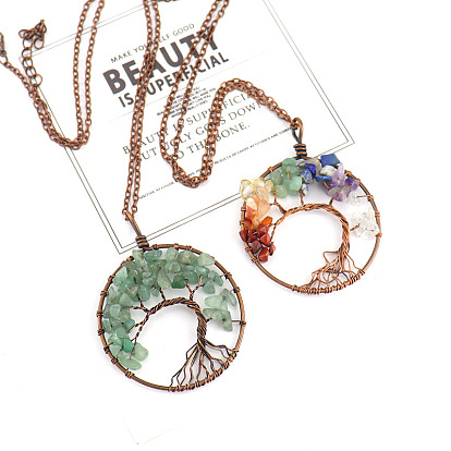 Natural Gemstone Chip Tree of Life Pendant Necklaces, Alloy Cable Chain Necklace for Women