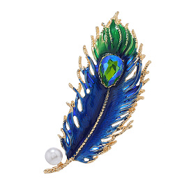Ethnic Style Peacock Feather Enamel Pins, Light Gold Alloy Rhinestone Brooch with Imitation Pearl for Women's Sweaters Coats
