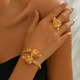 Роскошный комплект из кольца-манжеты и браслета в ближневосточном стиле с дизайном из латунных листьев для женщин
