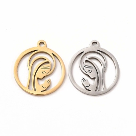 201 Stainless Steel Pendants, Flat Round with Virgin Mary Charms