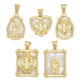 Brass Shell Pendants, Virgin Mary & Saint Benedict Religious Charms, Real 16K Gold Plated