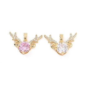 Brass Micro Pave Cubic Zirconia Christmas Deer Pendants, Real 18K Gold Plated