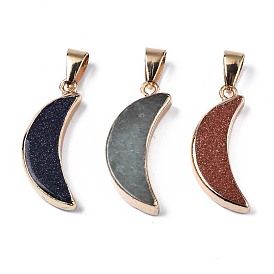 Natural & Synthetic Gemstone Pendants, with Golden Brass Pinch Bail and Edge, Moon