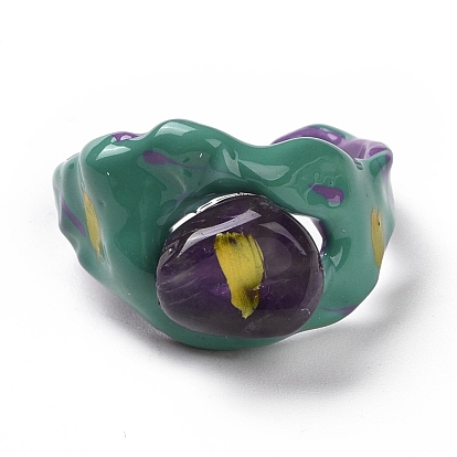 Natural Amethyst Chunky Open Cuff Ring, Brass Enamel Jewelry for Women