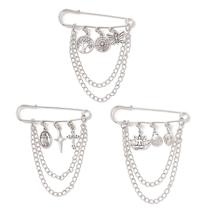 3 шт. сплав подвески килт булавки брошь, с железными булавками и кабельными цепями, бабочка/дерево жизни/крест