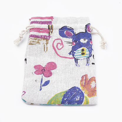 Kitten Polycotton(Polyester Cotton) Packing Pouches Drawstring Bags, with Printed Cartoon Cat and Mouse
