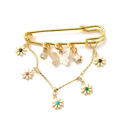 Butterfly & Star & Flower Charm Brass Brooch Pin, Hanging Chain Safety Pin for Sweater Shawl