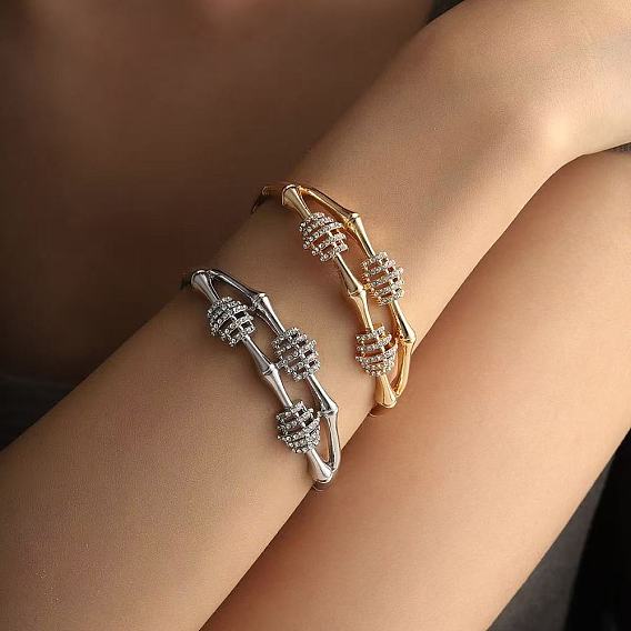 Zinc Alloy Crystal Rhinestone Bamboo Joint Hinged Cuff Bangles for Women