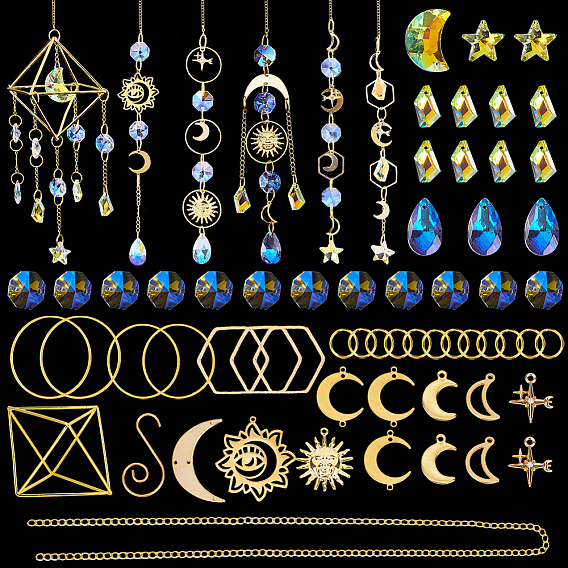 Наборы для самостоятельного изготовления подвесного ловца солнца в виде солнца и луны, включая железные вешалки для растений, Латунные подвески, Латунные соединительные колечки, стеклянные подвески, амулеты из нержавеющей стали