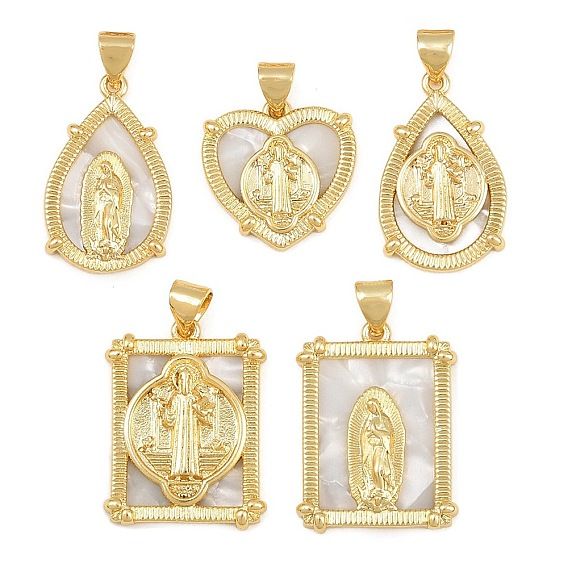 Brass Shell Pendants, Virgin Mary & Saint Benedict Religious Charms, Real 16K Gold Plated