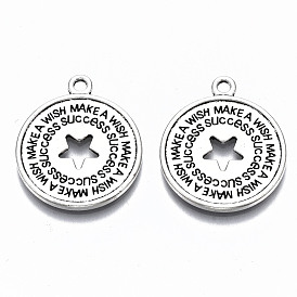 Tibetan Style Alloy Pendants, Lead Free & Cadmium Free, Flat Round with Star & Word Make a Wish & Success