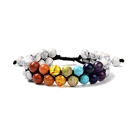 Round Synthetic Howlite & Mixed Stone Braided Bead Bracelet for Girl Wome, 7 Chakra 3 Layer Bracelet