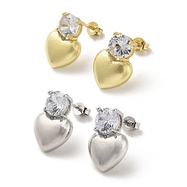 Heart Rack Plating Brass Micro Pave Clear Cubic Zirconia Stud Earrings, Cadmium Free & Lead Free