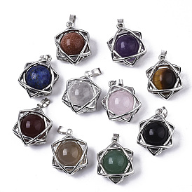 Natural & Synthetic Assorted Gemstone Pendants, with Platinum Tone Brass Finding, for Jewish, Mixed Dyed and Undyed, Star of David