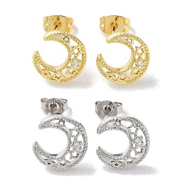 Rack Plated Brass Studs Earring, with Cubic Zirconia, Long-Lasting Plated, Lead Free & Cadmium Free, Moon